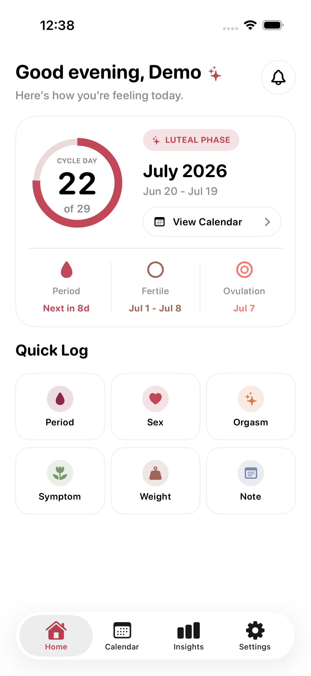 Mela's home screen: a calm cycle overview with the current day, phase, and next predicted period, no ads and no feed