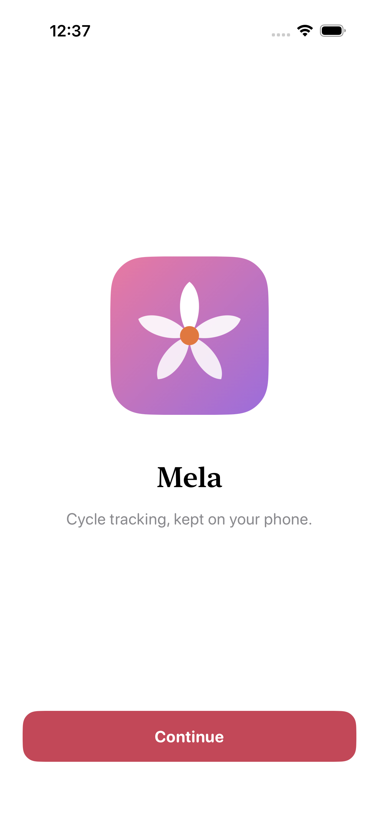 Mela's onboarding introduction: a warm, plain welcome screen that states the app's purpose without hype or cartoon styling